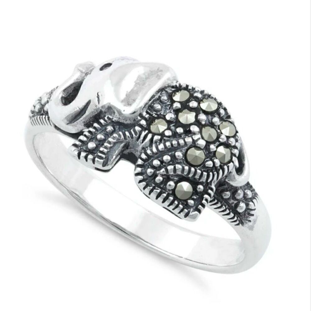 New Sterling Silver Elephant Marcasite Bali Ring